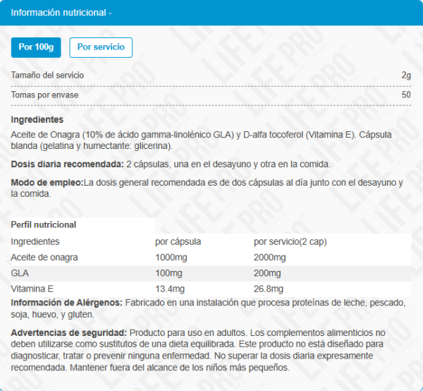 Life Pro Aceite Onagra 100caps - Imagen 2