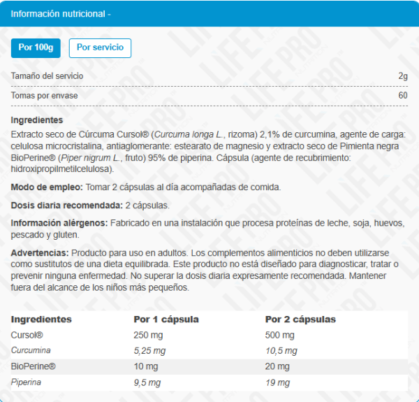 Life Pro Turmeric Curcumin +Bioperine 60 Vegancaps - Imagen 2